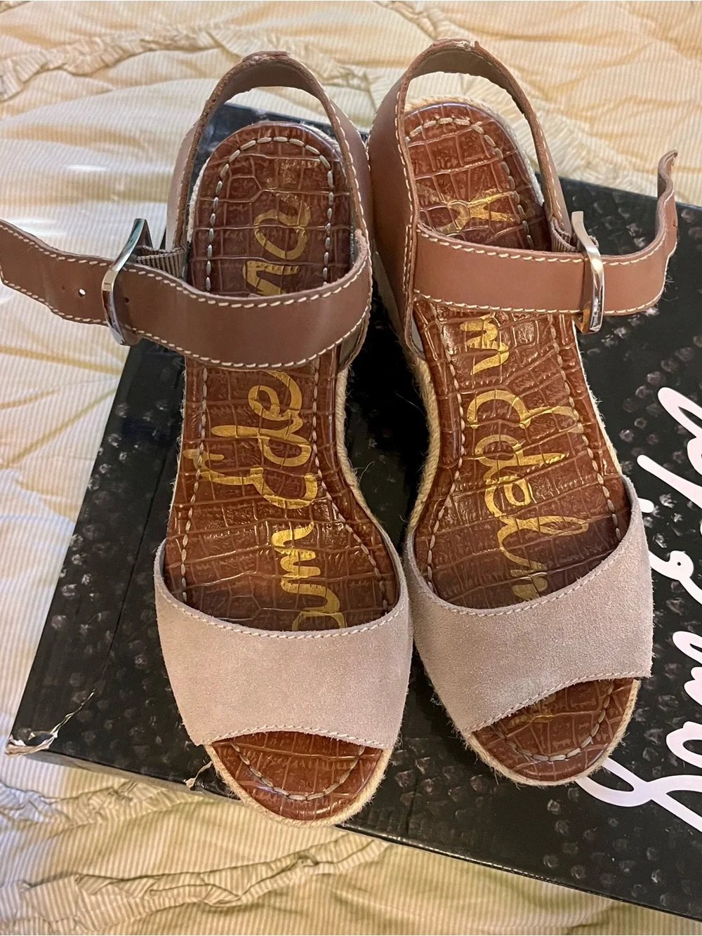 Sam Edelman Blush Suede Espadrille Wedge Sandals with Tan Ankle Strap